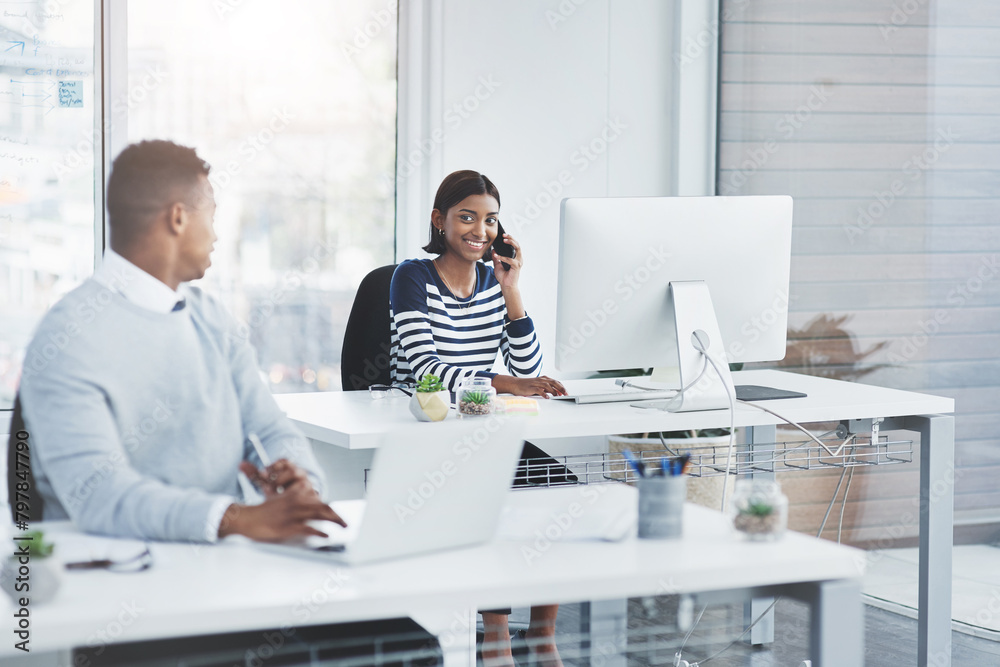 Aufkleber business woman, phone call and coworking office with web design networking and conversation. happy, 