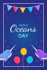 World oceans day. June 8. Celebrate. Underwater ocean background. Dolphin, jellyfish, algae. Poster, banner, template. Save ocean. Vector illustration. 