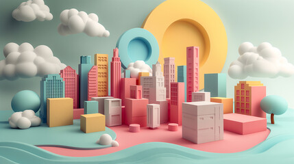 Surreal playful pastel urban landscape background, a miniature paper model city composed of various geometric shapes and forms to create a cityscape - obrazy, fototapety, plakaty