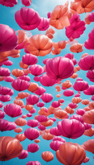 Bright pink and orange air balloons against a blue sky, creating an atmosphere of celebration and joy