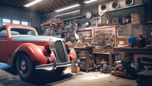 A meticulously restored vintage car sits in a classic garage, surrounded by a treasure trove of automotive memorabilia and tools. Car repair in a workshop