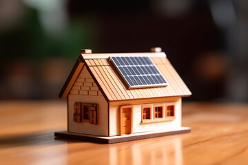 Small wooden model of a plywood house with solar panel on a roof surrounded with blurred green plants - obrazy, fototapety, plakaty