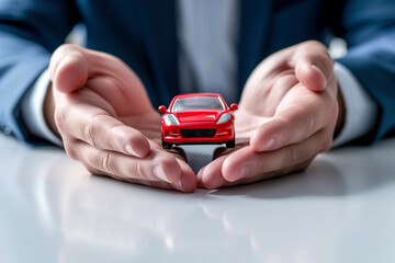 Concept of car insurance. Hands protecting red toy auto on the table - obrazy, fototapety, plakaty