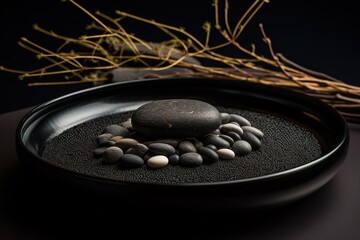 Abstract template with bunch of stones surrounded with black sand in a black plate and dry branch at blurred background - obrazy, fototapety, plakaty