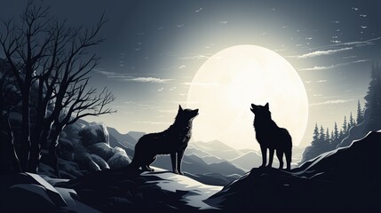 Elegant wolves silhouetted against a full moon on a snowy hilltop. - obrazy, fototapety, plakaty