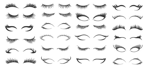 PNG, Professional glamor makeup. Set for growing the eyelashes isolated on white background. Bottled eyelashes of girls. Natural effect mascara. Black and white vector illustration of closed eyes