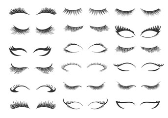 PNG, Professional glamor makeup. Set for growing the eyelashes isolated on white background. Bottled eyelashes of girls. Natural effect mascara. Black and white vector illustration of closed eyes