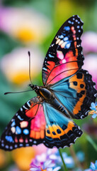 Obraz premium Colorful butterfly showcasing patterned wings perched on flowers amidst a garden of multicolored plants