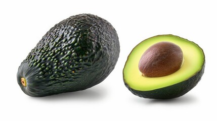 Avokado fruit. Whole and half avocado isolated