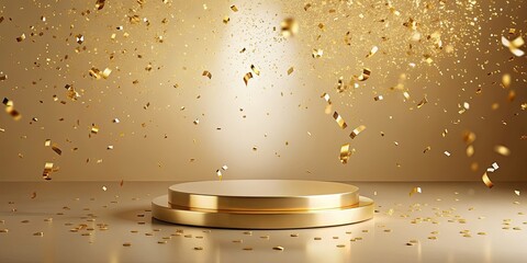 Golden podium with many festive golden confetti on beige background. Best backdrop for showing your...