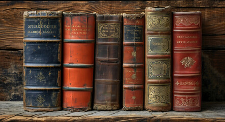 Vintage Book Collection on Wooden Shelf in Front of Rustic Wall