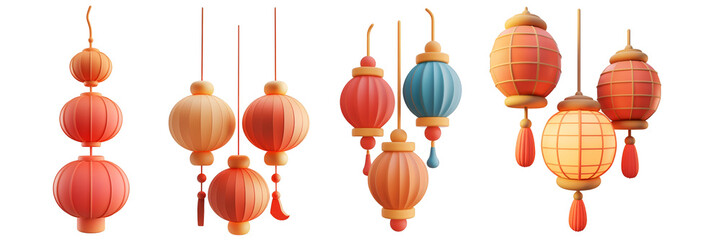 PNG Chinese lanterns 3d icons and objects collection, in cartoon style minimal on transparent, white background, isolate