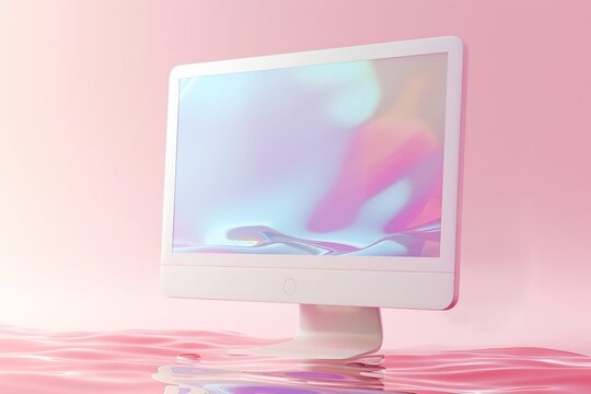 An artistic 3D image of a computer monitor, with pastel-toned screensaver