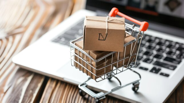 photo of online shopping with cardboard boxes on a trolley shopping basket with a laptop keyboard in the background