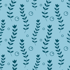 Underwater seaweed seamless pattern. Vector illustration isolated on blue background. Algae and bubble.