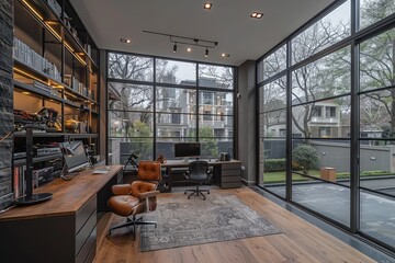Obraz premium home office in the living room with wooden floor design style inspiration ideas
