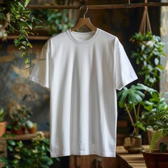 A white t-shirt is hanging on a wooden hanger in front of a plant background. - obrazy, fototapety, plakaty