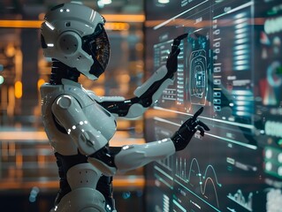 Fototapeta premium Concept image of a robot analyzing various data on a screen for the rapid development of technology and data analysis.