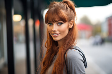 Portrait of young pretty redhead girl at outdoors