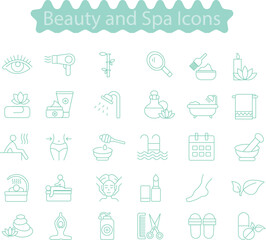 Beauty and spa Vector graphic set Editable stroke size. Icons in flat, contour, outline, thin, and linear design. Spa treatments. Simple isolated icons. Concept illustration. Sign, symbol, element