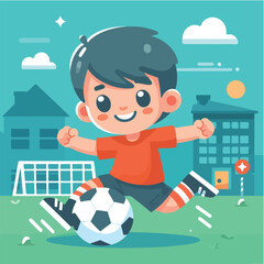 Vector a child playing soccer with a boy wearing an orange shirt © Dandelions1706