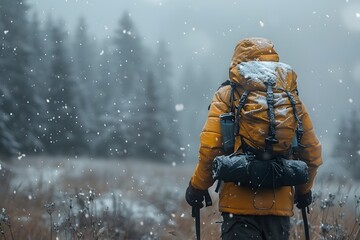 Naklejka premium Snowshoer standing and looking at the path, adventure lifestyle concept