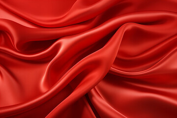 Red shiny satin silk swirl wave background banner - Abstract textile fabric material, backdrop texture for product display or text - obrazy, fototapety, plakaty