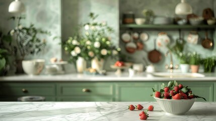 Clean and empty marble countertop, green vintage kitchen furniture with lots of flowers and bowl of strawberries, pair of white hanging pendant lights, various crockery in blurred background