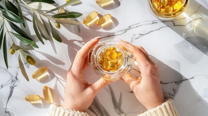 Hands holding a bottle of omega-3 supplements, part of a daily health and wellness routine, on a marble surface - AI generated - obrazy, fototapety, plakaty