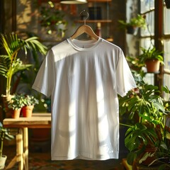 White T-shirt on hanger in front of plants - obrazy, fototapety, plakaty