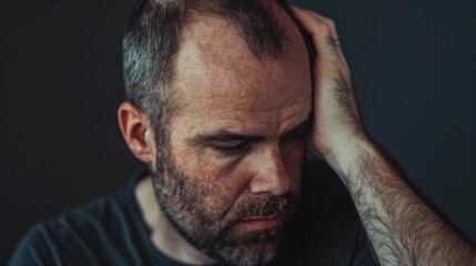 Obraz premium Portrait of a distressed man holding his head in his hands and looking down in despair on a dark background