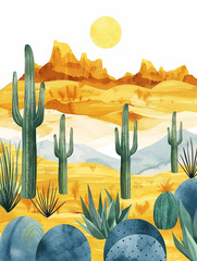 Western desert watercolor illustration. Covered by various types of cacti with a background of barren hilly terrain. - obrazy, fototapety, plakaty