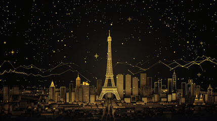 Golden outlined paris skyline on a black background
