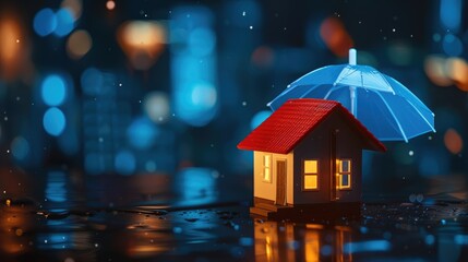 Miniature house protected by a red umbrella in the rain, a creative concept of home insurance and security - AI generated - obrazy, fototapety, plakaty