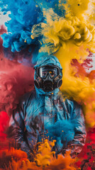 Person in Hazmat Suit Amidst Vibrant Color Explosion