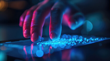 A persons hand is engaging with a luminescent digital interface against a dark backdrop, highlighting advanced technology use