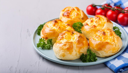 Close-up of cheesy bread buns with tomatoes and parsley on plate. Tasty bakery. Delicious food.