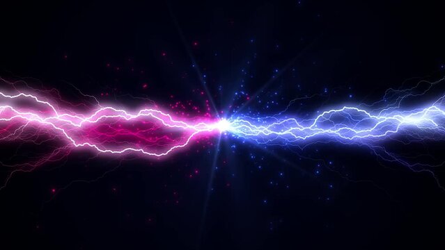 Lightning collision red and blue background, versus footage seamless loop. Powerful colored lightnings and the flash from the collision. Confrontation concept, competition vs match game. Versus battle