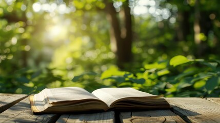 open book on a wooden board with a background of green trees exposed to bokeh sunlight
