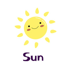 Cute sun flat vector illustration. Yellow childish sunny emoticon clip art. Smiling sun with sunbeams cartoon character isolated on white background. T shirt print design element.