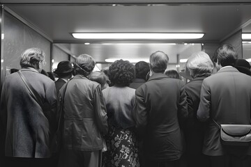 People standing around waiting to apply for work, not in order, concept image of finding work opportunities, black and white image - Powered by Adobe