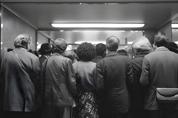 Fototapeta premium People standing around waiting to apply for work, not in order, concept image of finding work opportunities, black and white image
