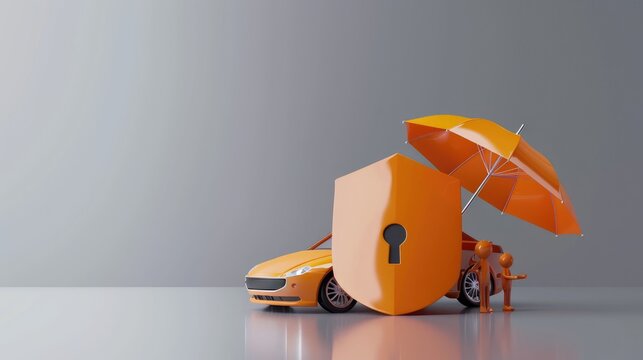 3D illustration of family figures under an umbrella by a shield, representing comprehensive insurance for home and auto - AI generated