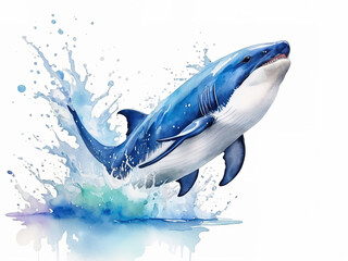Cute whale watercolor illustration. splash isolated white background