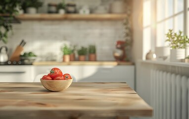 A bowl of tomatoes sits on a wooden table in a kitchen - obrazy, fototapety, plakaty