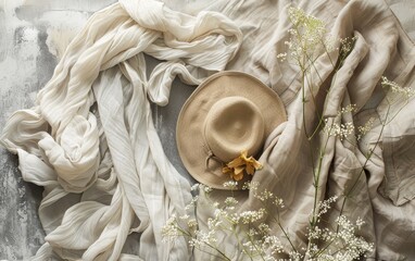 A white scarf is draped over a table with a straw hat on top of it - obrazy, fototapety, plakaty