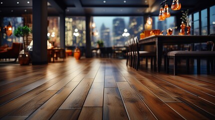 Interior of a restaurant with wooden tables and chairs. Blurred background