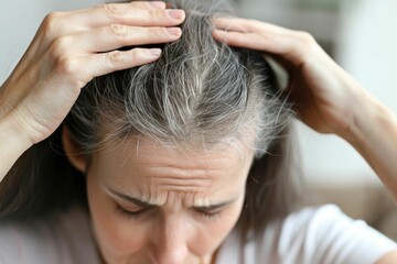 Fototapeta premium Mature woman with gray hair grooming herself with her hands, isolated on white background