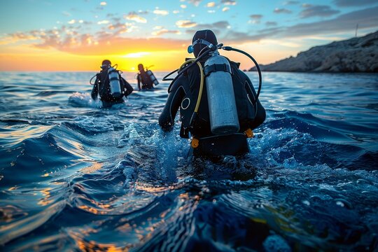 Scuba divers with full gear embark on an underwater adventure against a breathtaking ocean sunset
