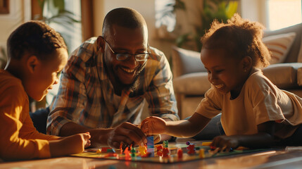 A happy African ethnicity father playing a board game with his daughter and son on the living room floor, sharing laughs and high fives under the glow of natural light from a nearb - Powered by Adobe